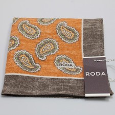 Roda NWT Linen Blend Pocket Square Brown / Orange / White / Yellow Paisley Print