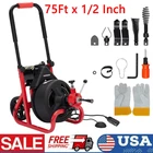 Drain Cleaner Machine Electric Drain Auger 75Ft x 1/2 Inch Auto Feed w/ 6 Cutter