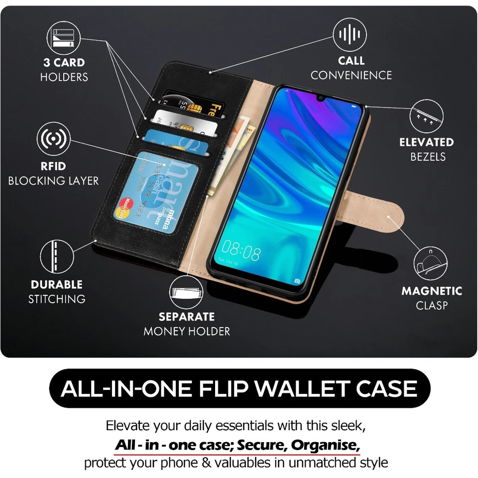 For Huawei P Smart 2019 Case, Leather Wallet Magnetic Flip Stand Phone Cover - Image 3 of 4