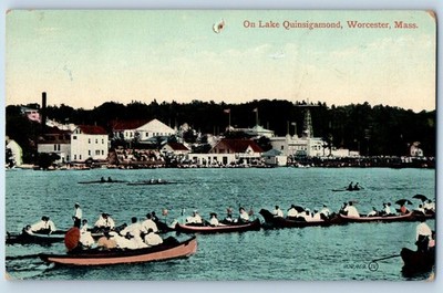 1910 Worcester Massachusetts MA Vintage Postcard On Lake Quinsigamond Canoe Boat