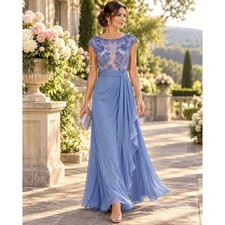 Adrianna Papell French Blue Floral Beaded Illusion Bodice Chiffon Gown 6 Sample