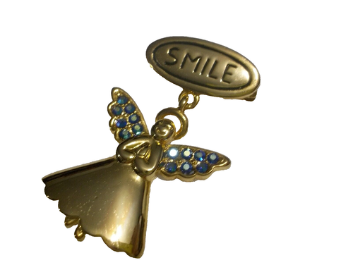 SMILE Angel Gold Tone Pin TC Dangle Praying Angel Brooch Blue Rhinestone - Picture 9 of 14
