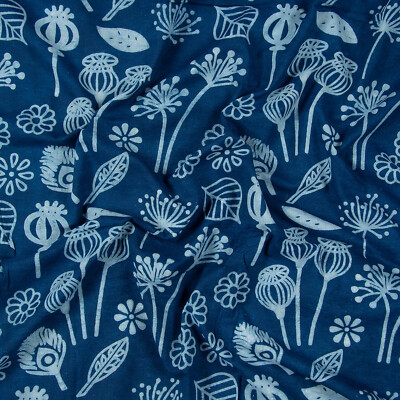 Ethnic Indigo Blue Hand Block Cotton Fabric   2.5 Yards for Boho Fashion & Decor