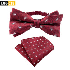 Mens Pre-Tied adjustable Bow Tie Paisley Red White Bowtie Hanky Wedding Party
