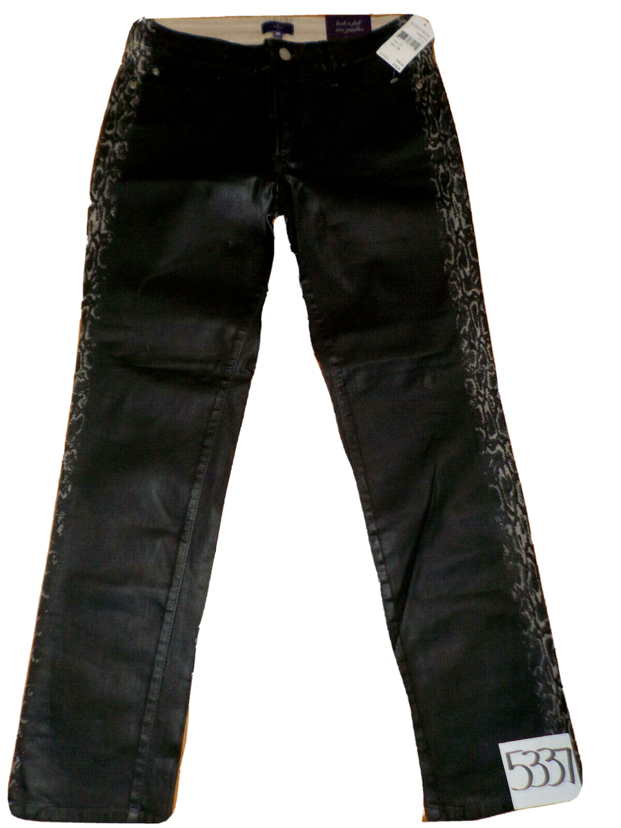 NWT NYDJ Faux Black Leather Skinny Pants Animal Print Sides Womens