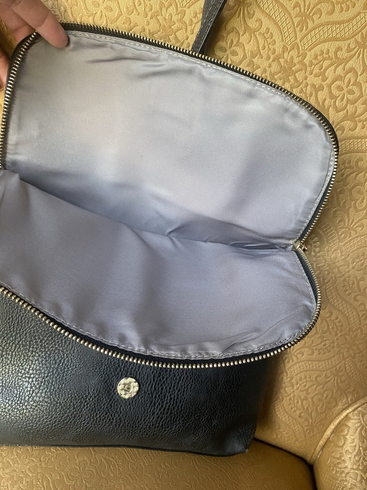 KATE LANDRY…Black Faux Leather Crossbody Shoulder Bag Fold over Tassel