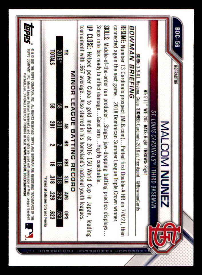 2021 Bowman Chrome Draft Refractors #BDC56 Malcom Nunez - Image 2 of 2