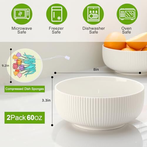 60oz Salad Bowl Set,2 Pack Serving Bowls for Entertaining,8inch Large White - Picture 4 of 7