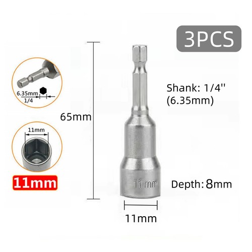 3pcs 1/4 Shank Strong Magnetic 11mm Hex Socket Driver Screw Adapter Tool Bits E - Picture 3 of 8