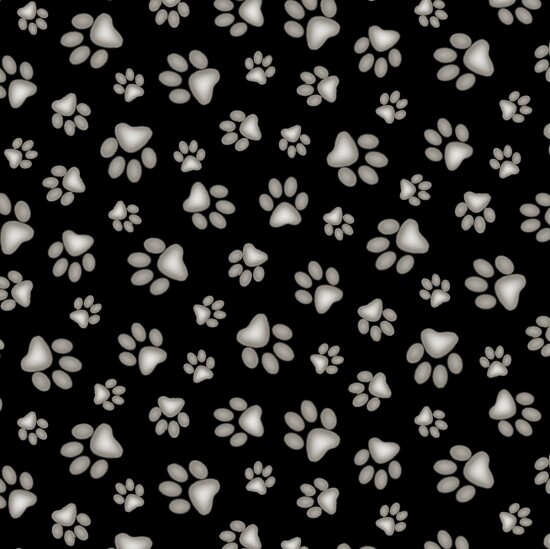 Animal Fabric - Small Gray Paw Print on Black - Elizabeth's Studio