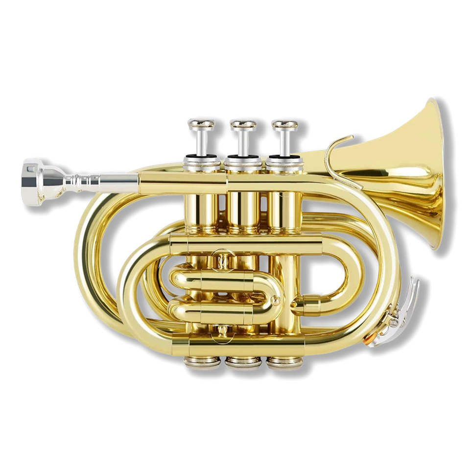 Trompeta de bolsillo Bb de latón lacado trompeta amarilla boquilla 7C, estuche rígido, correa Foto 2 de 4