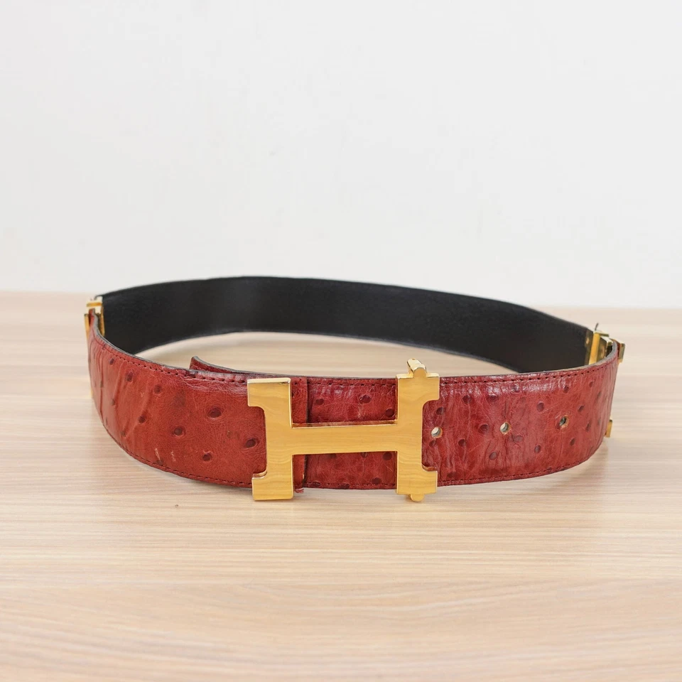 Cinturón de avestruz cuero real H oro hebilla tachuela logotipo rojo Burdeos FRANCIA 28 70 RARO Foto 2 de 4