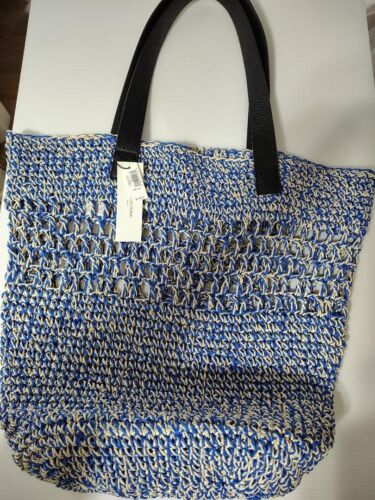 BANANA REPUBLIC NWT $110 Blue Woven Straw Market Summer Beach Travel Tote Bag