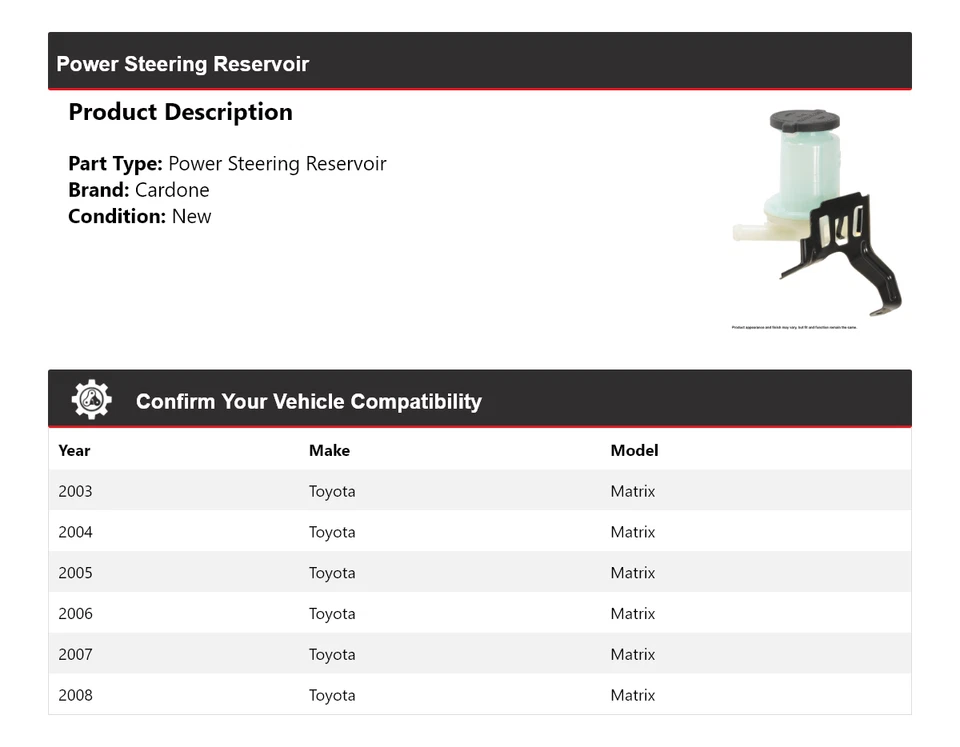 Depósito de dirección asistida Cardone para Toyota Matrix 2003-2008 2004 2005 2006 2007 Foto 2 de 4