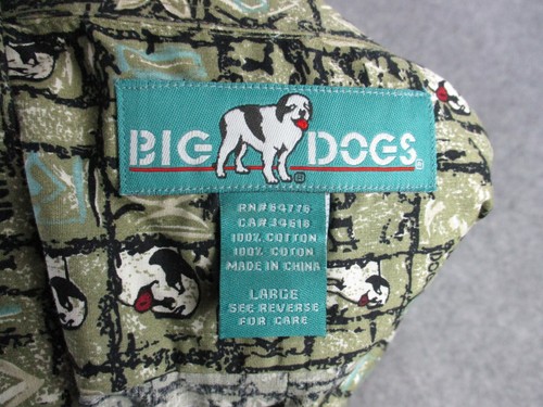 VINTAGE Big Dogs Shirt Mens Large Green White Hawaiian Print Button Front - Picture 7 of 7