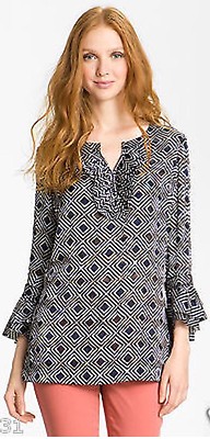 NWT Tory Burch Gwenna Normandy Blue Printed Silk Tunic Blouse Size 0