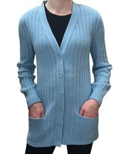 S NOS Vtg 60s Grandoe SWEATER Cardigan Blue Skinny Rib Knit DEEP POCKETS Tunic