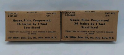 2 Pack 1950's War Bandage Gauze Plain Compressed 36'' X 1 Yard Lily White Sealed