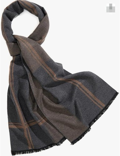 Men's Gray Brown Plaid Scarf with Tasseled Fringe for Fall Winter