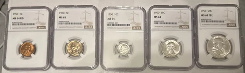 1950 UNCIRCULATED SET- Graded By NGC 63-64, Full Bell Lines Franklin 50c