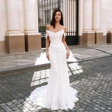 Off Shoulder Lace Sheath Wedding Dress Elegant Applique Bride Gown Customized