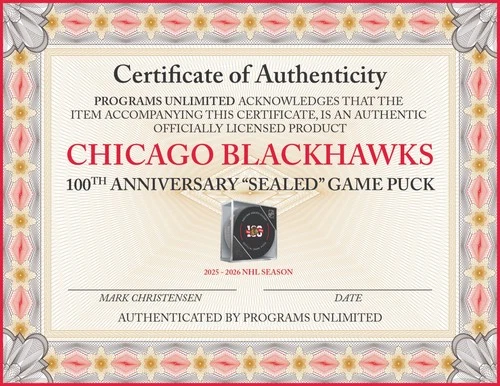 2025 CHICAGO BLACKHAWKS 100TH ANNIVERSARY GAME PUCK CUBED NHL HOCKEY SEALED COA - Picture 4 of 4