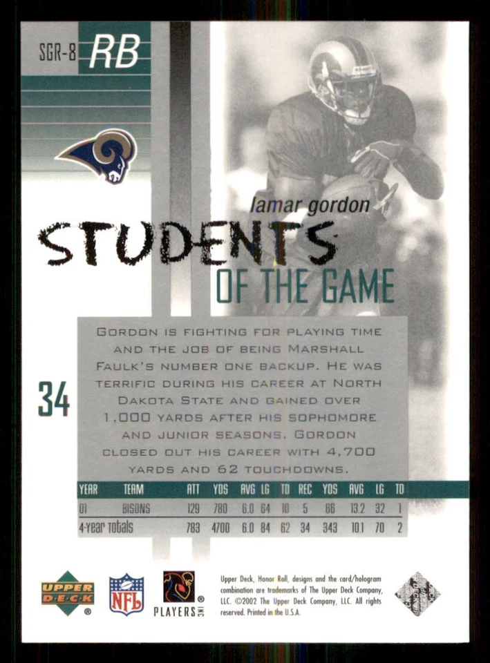 2002 Upper Deck Honor Roll Students of the Game #SGR8 Lamar Gordon - Image 2 of 2