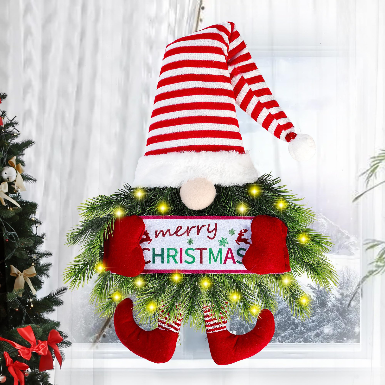Festive Lighted Christmas Gnome Wreath Hanging Decor with Santa Charm  
