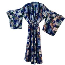 Vintage Style Japanese Print Kimono Robe Blue Belted Boho Festival Lounge