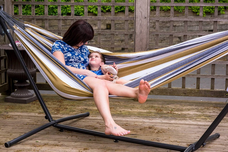 Double Cotton Hammock with Space Saving Steel Stand, Upgraded Polyester End S... - Image 4 of 4