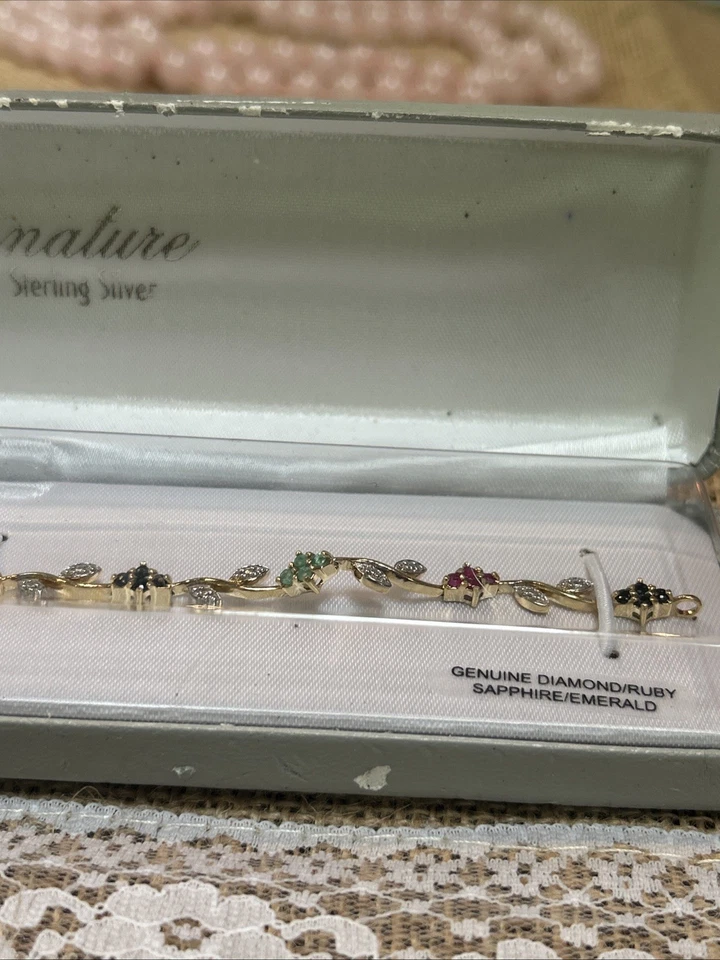Gold Over Sterling Silver Genuine Stone, Diamond Ruby Emerald Sapphire Bracelet - Image 4 of 4