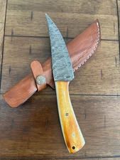 9" CUSTOM HANDMADE HAMMERED DAMASCUS BURNT BONE HANDLE KNIFE LEATHER SHEATH 109