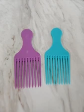 Lot 2 Vtg 80s Goody Plastic Textured Hair Pick Comb Lift 5.5" Teal Purple USA