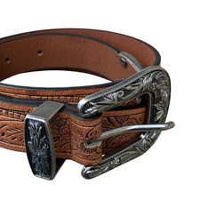 VTG Hand Tooled Belt Western Americana Leather Tone Silver Engraved Buckle  Tip