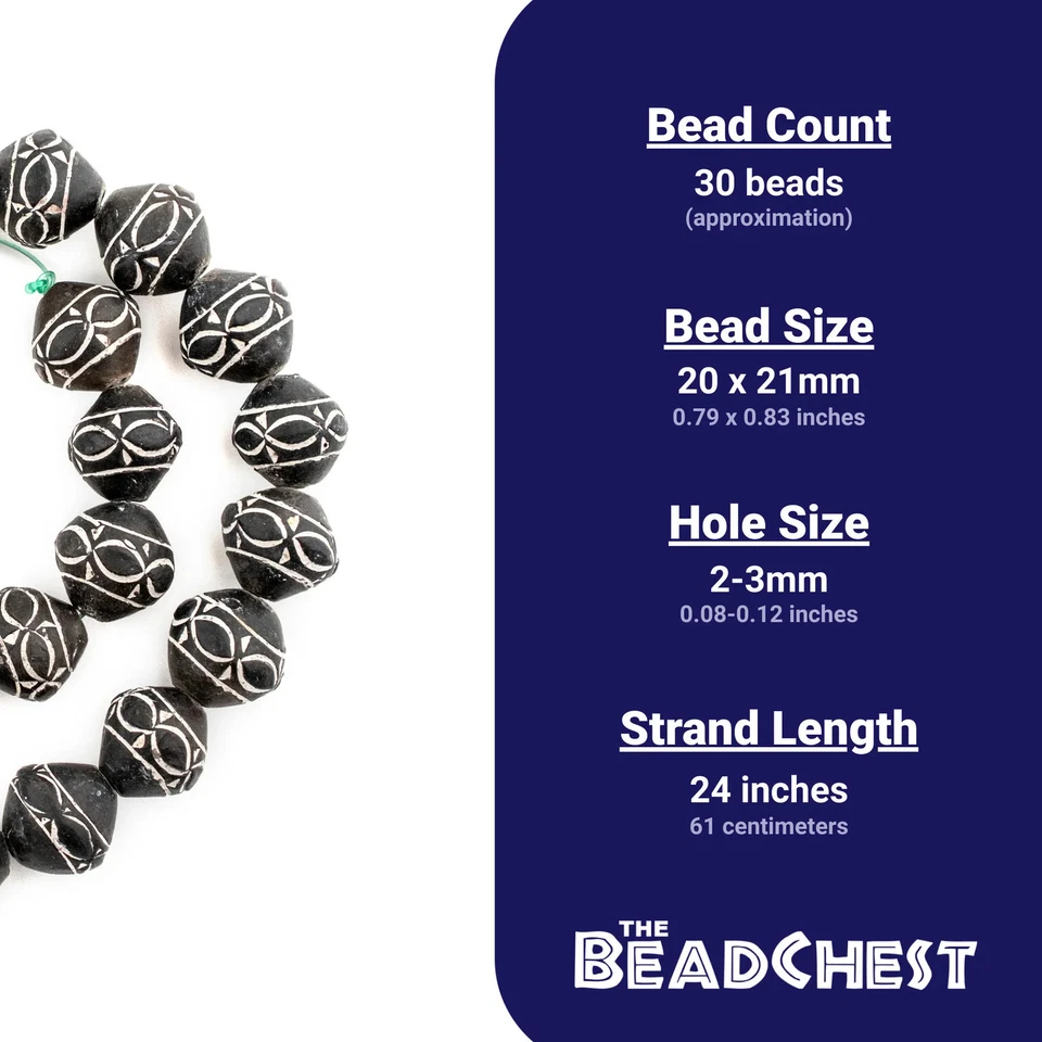 Cuentas de arcilla Malí negras bicónicas diseño tribal 20 mm africanas blancas y negras hechas a mano Foto 4 de 4