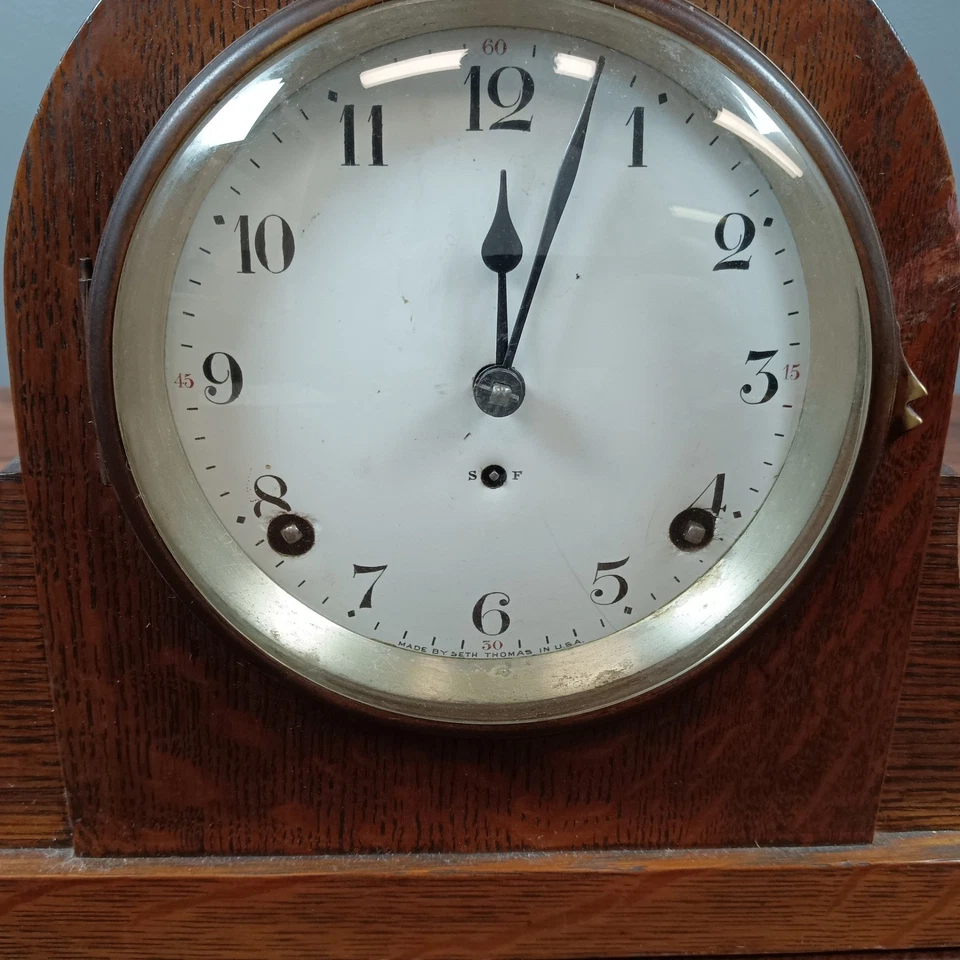 Reloj Seth Thomas Roble Abrigo Madera Antiguo Estante Reloj Ornado Movimiento Mecánico Foto 2 de 4