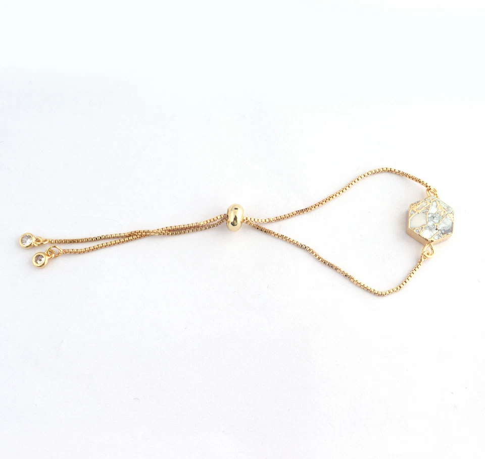 Cooper Howlite Turquoise Tiny CZ Gold Plated Adjustable Chain Bracelet For Women - Image 2 of 3