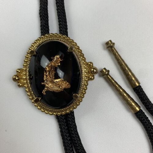 Gold Panner Panning Bolo Tie Vintage 1970s 80s Domed Miner Novelty Black Brass - Picture 1 of 9