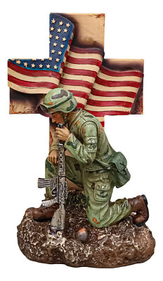 Military War Hero Soldier With Rifle By American Flag Cross