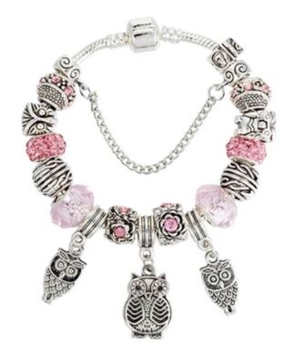Pink Owl European Bead Silver Charm Snake Flex Bracelet for Mom Wife Grandma