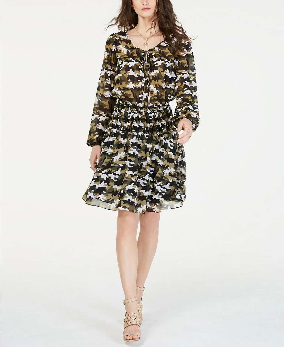 Michael Kors Camo Print Peasant Dress Color Black ivy SIZE SMALL NWT