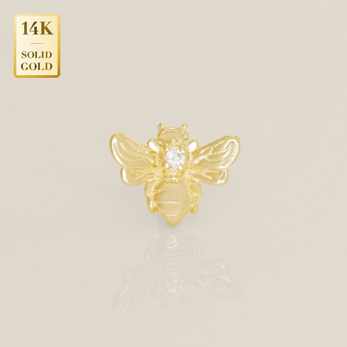 14K REAL Solid Gold Queen Bee Ear Cartilage Stud Earring Piercing 18 Gauge - Afbeelding 1 van 7