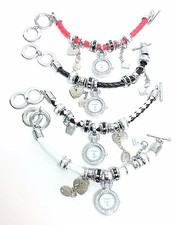 GENEVA SILVER+WHITE+BLACK TONE,CRYSTAL,LEATHER CORD,HEART CHARM BRACELET WATCH