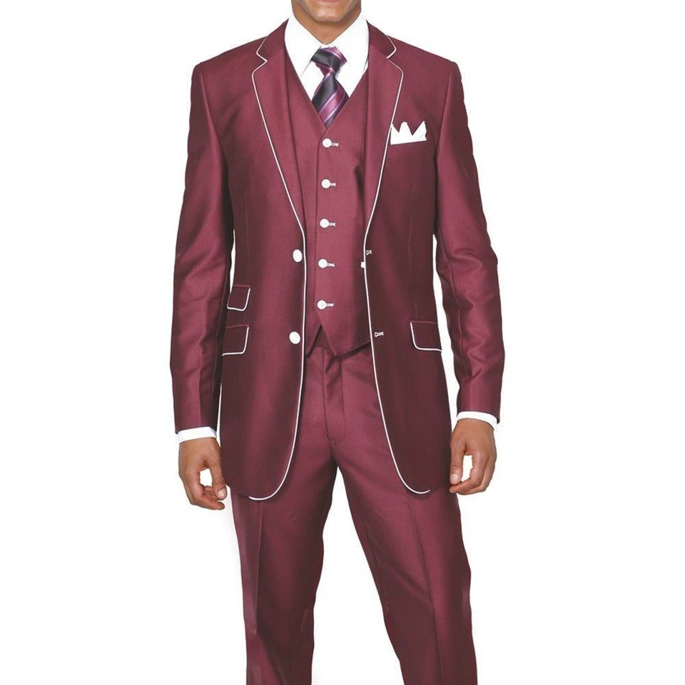 Men's Slim Fit Wool Feel Suit With Matching Vest And Pants 5 Colors 38R~56L - Image 2 of 3