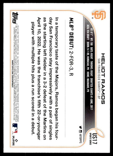 2022 Topps Update ROOKIE Heliot Ramos San Francisco Giants #US17 R14 - Picture 2 of 2