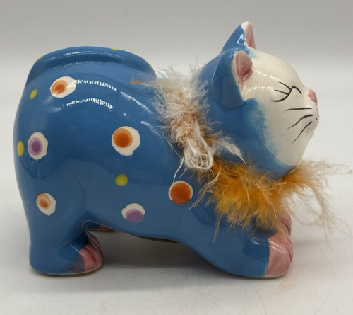 Dolomite Kitsch Kitty Blue Orange Boa Polka Dots Ceramic Glam Cat Figurine - Picture 4 of 12