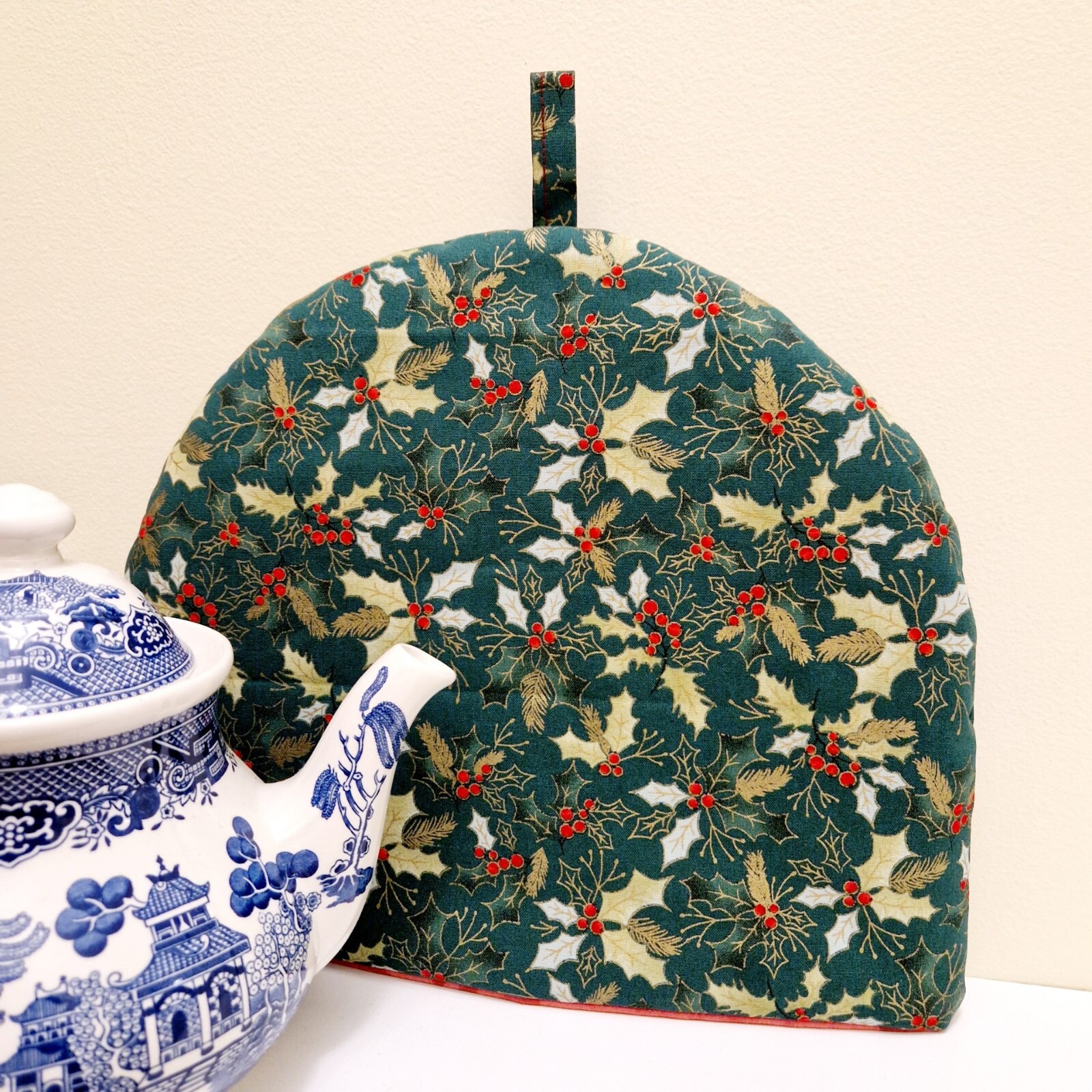 Luxury Christmas Tea Cosy, Green Holly, Padded & Lined, 11" x 10