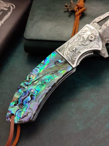 8'' New Fast Opening Shell Handle VG10 Damascus Blade Pocket Folding Knife VTF45 - Picture 7 of 9