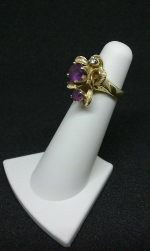 Vtg 14K Yellow Gold Amethyst/Diamond Floral Pinkie Ring, ~Sz 2-1/4, Underwood's - Picture 7 of 12