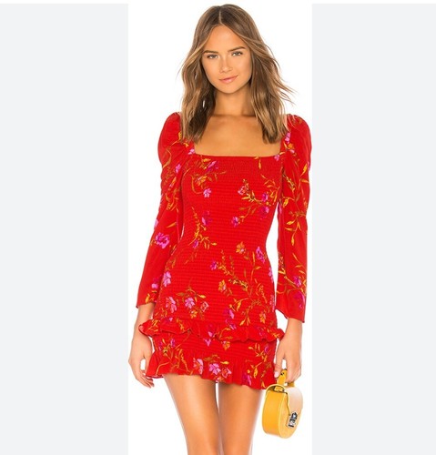 Lovers + Friends Valentina Red Floral Mini Dress Small Ruched Long Sleeve